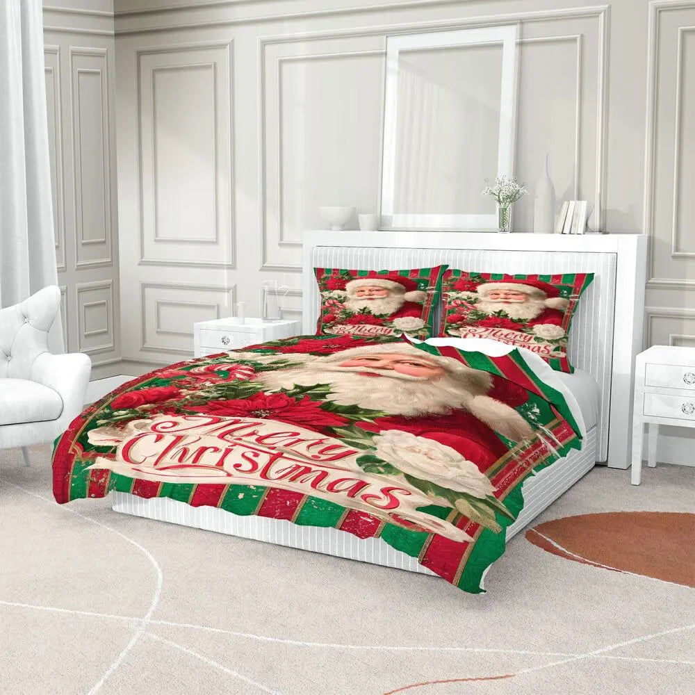 Christmas Vintage Santa Poinsettia Red Green Christmas Gift Duvet Cover Set Kids Bedding Set