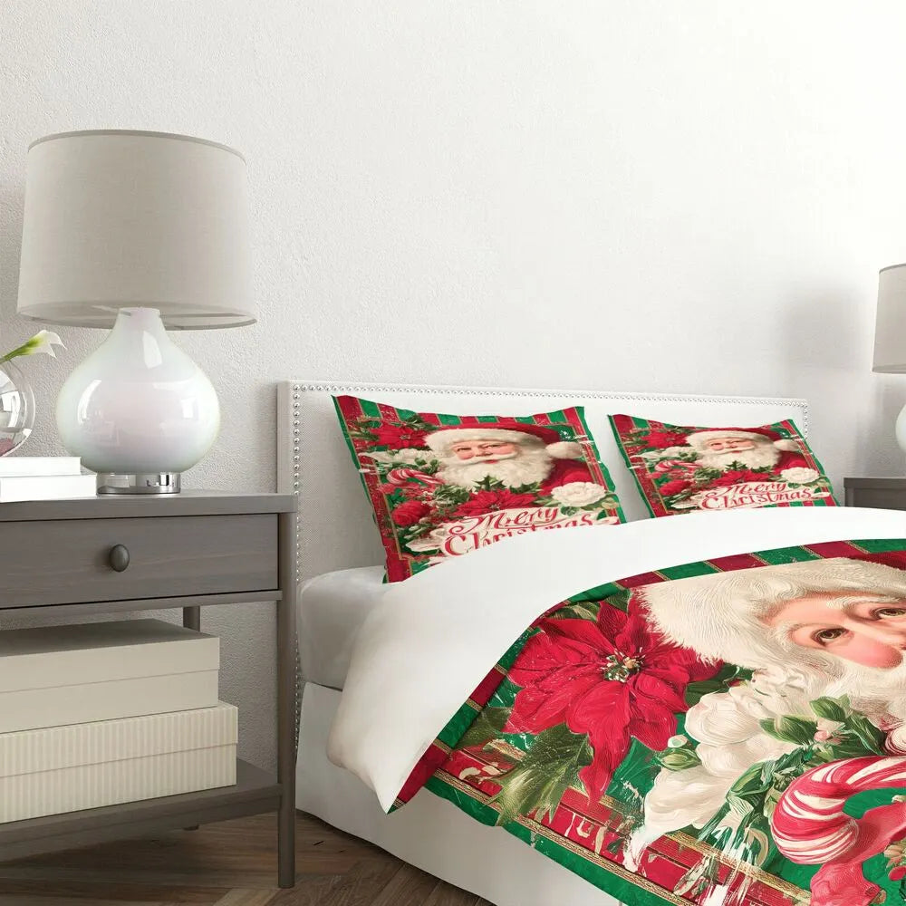 Christmas Vintage Santa Poinsettia Red Green Christmas Gift Duvet Cover Set Kids Bedding Set