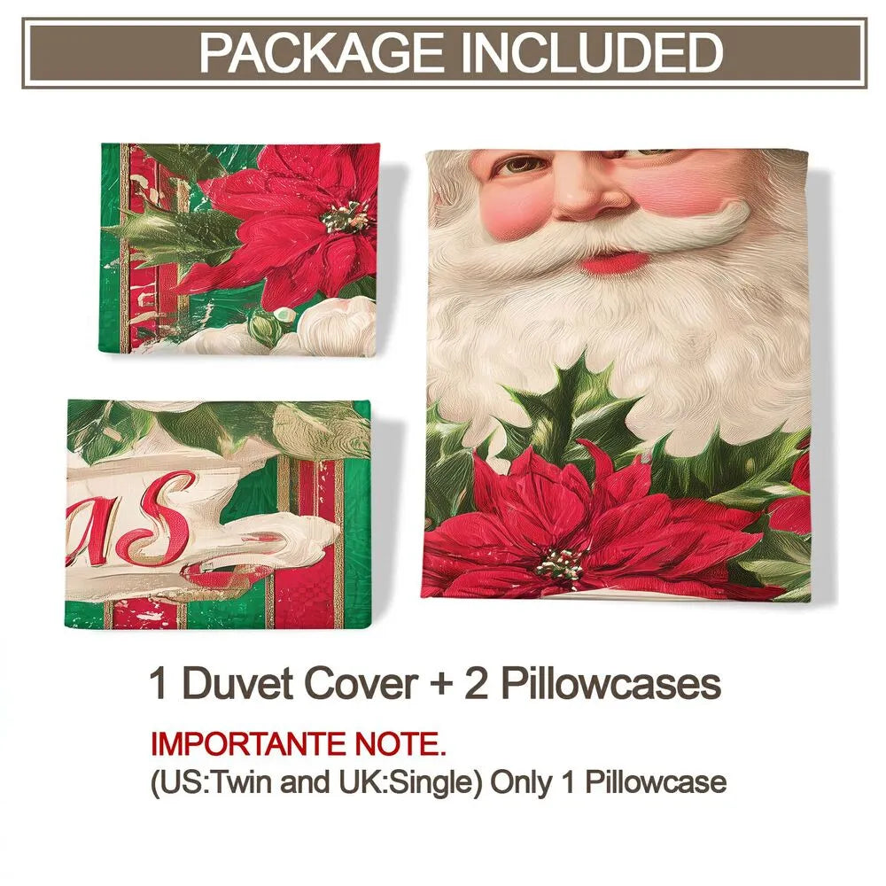 Christmas Vintage Santa Poinsettia Red Green Christmas Gift Duvet Cover Set Kids Bedding Set