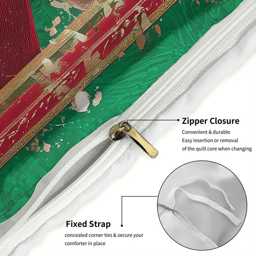 Christmas Vintage Santa Poinsettia Red Green Christmas Gift Duvet Cover Set Kids Bedding Set