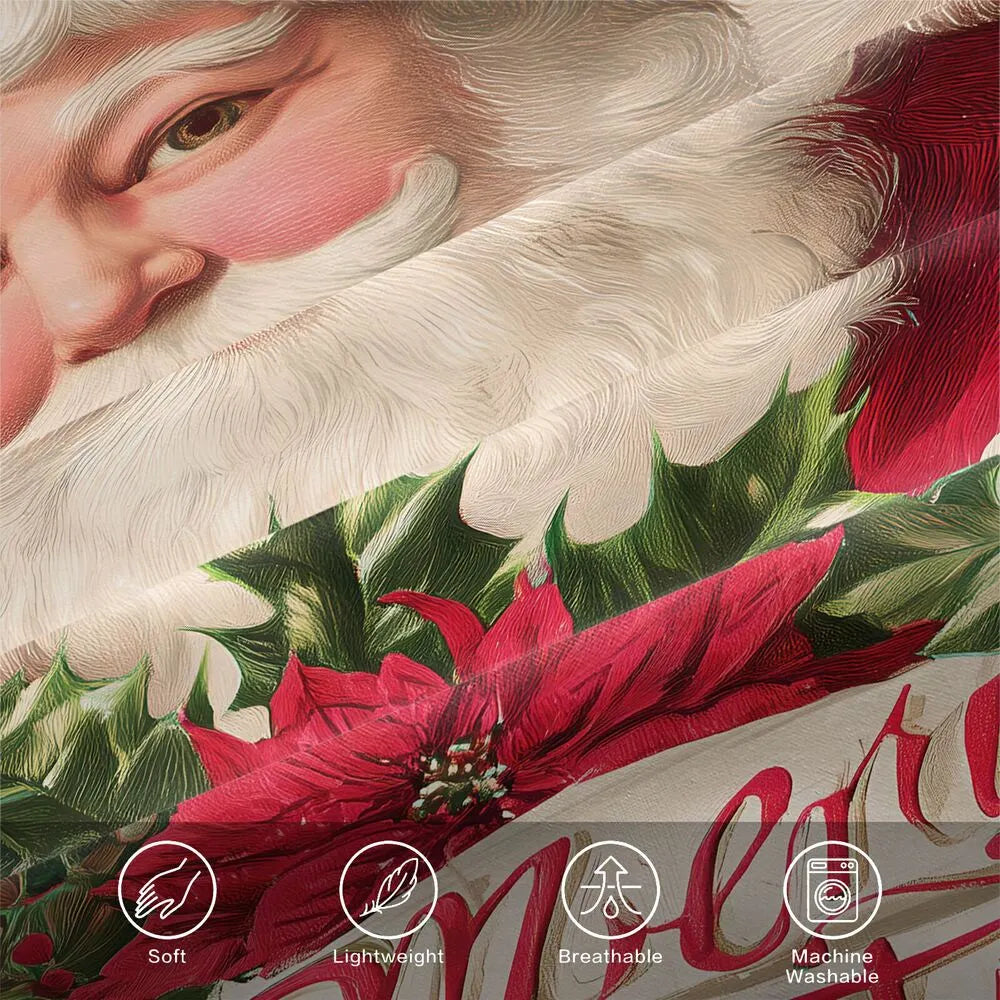 Christmas Vintage Santa Poinsettia Red Green Christmas Gift Duvet Cover Set Kids Bedding Set