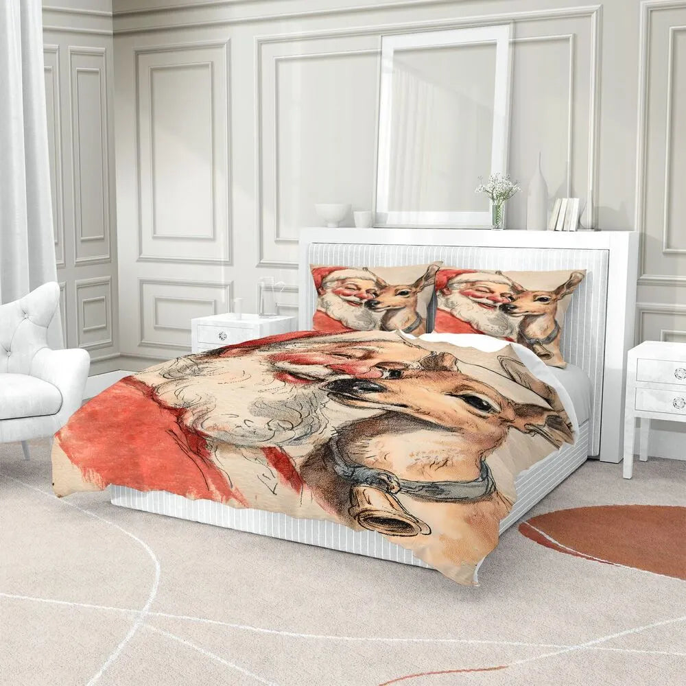 Christmas Vintage Santa Reindeer Beige Christmas Gift Duvet Cover Set Kids Bedding Set