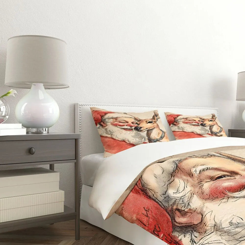 Christmas Vintage Santa Reindeer Beige Christmas Gift Duvet Cover Set Kids Bedding Set