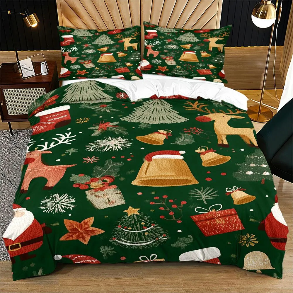 Christmas Vintage Santa Reindeer Bells Green Christmas Gift Duvet Cover Set Kids Bedding Set