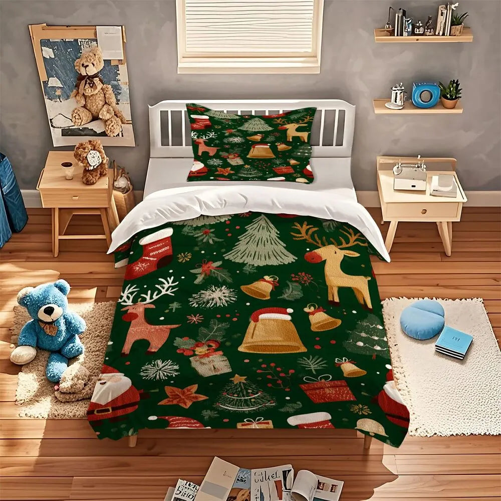 Christmas Vintage Santa Reindeer Bells Green Christmas Gift Duvet Cover Set Kids Bedding Set