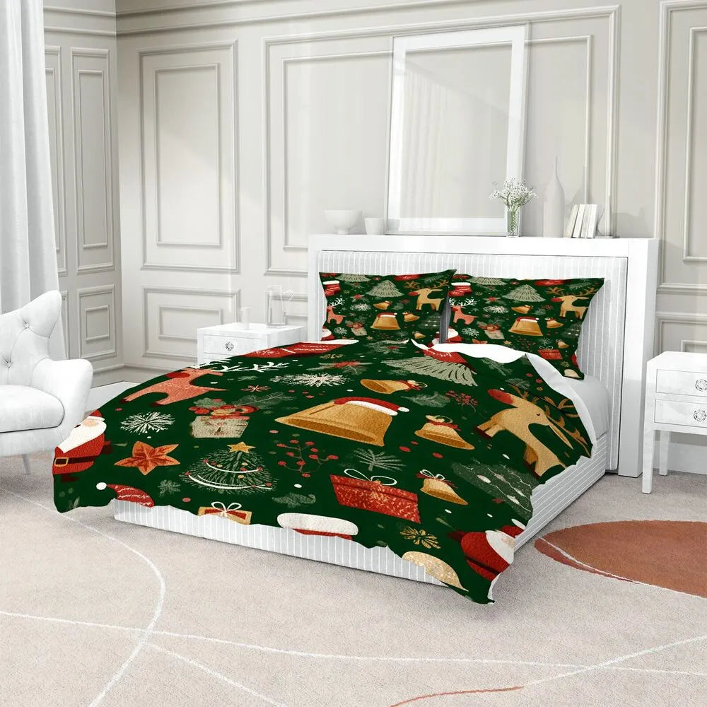 Christmas Vintage Santa Reindeer Bells Green Christmas Gift Duvet Cover Set Kids Bedding Set