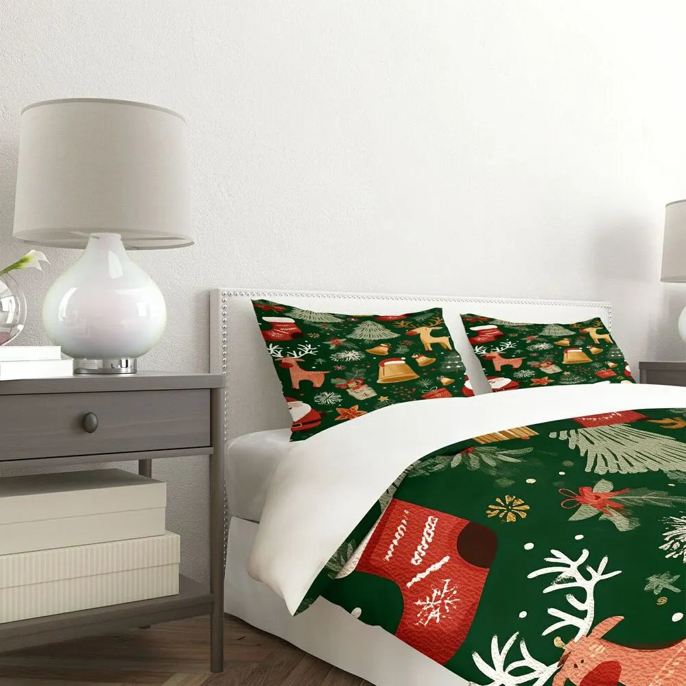 Christmas Vintage Santa Reindeer Bells Green Christmas Gift Duvet Cover Set Kids Bedding Set
