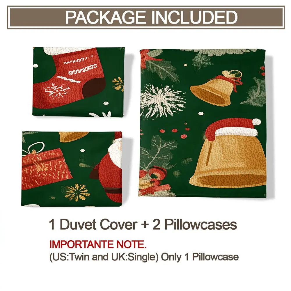 Christmas Vintage Santa Reindeer Bells Green Christmas Gift Duvet Cover Set Kids Bedding Set