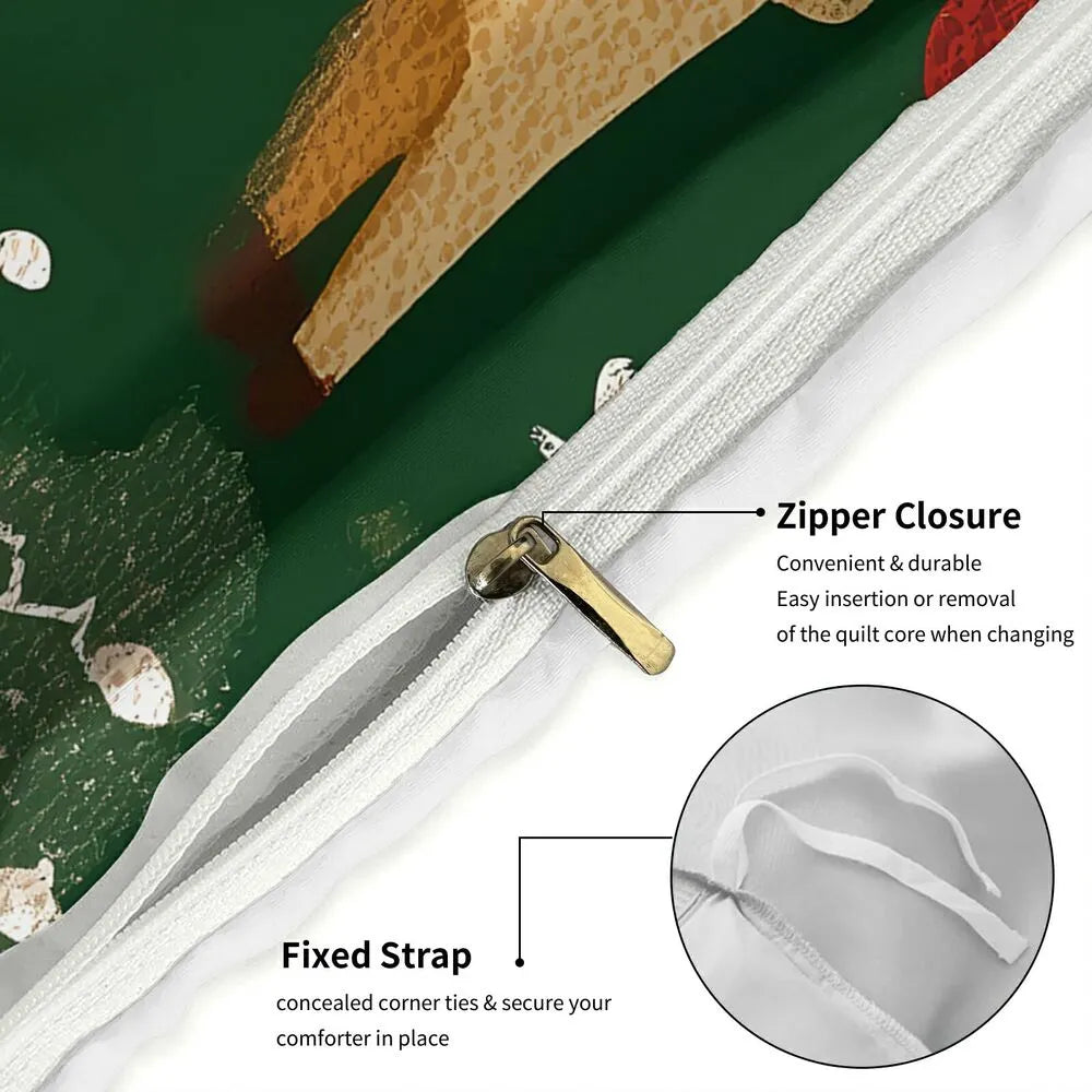 Christmas Vintage Santa Reindeer Bells Green Christmas Gift Duvet Cover Set Kids Bedding Set