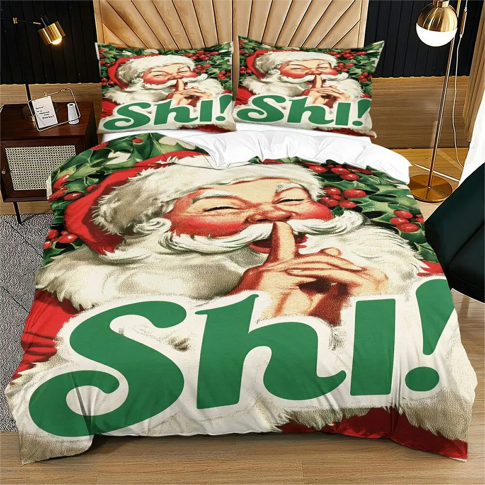 Christmas Vintage Santa Shh Holly Green Christmas Gift Duvet Cover Set Kids Bedding Set