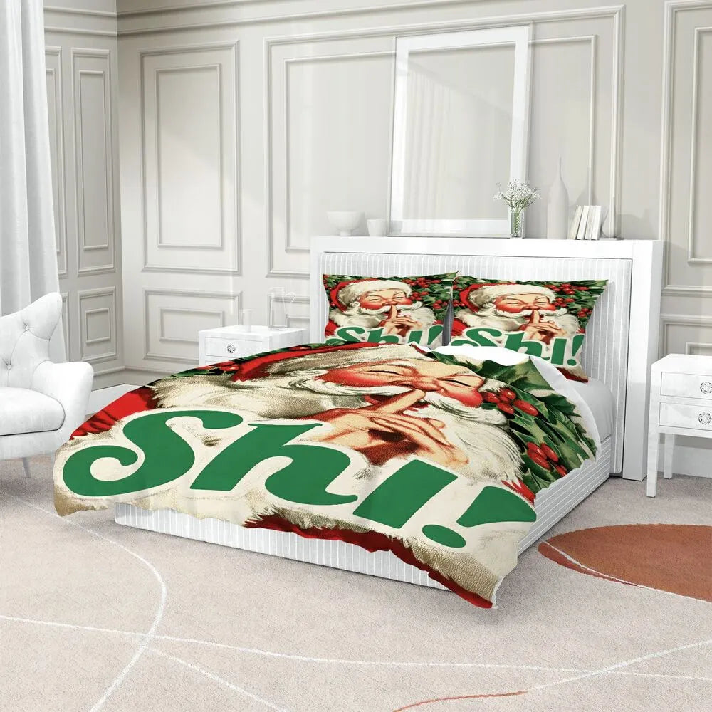 Christmas Vintage Santa Shh Holly Green Christmas Gift Duvet Cover Set Kids Bedding Set