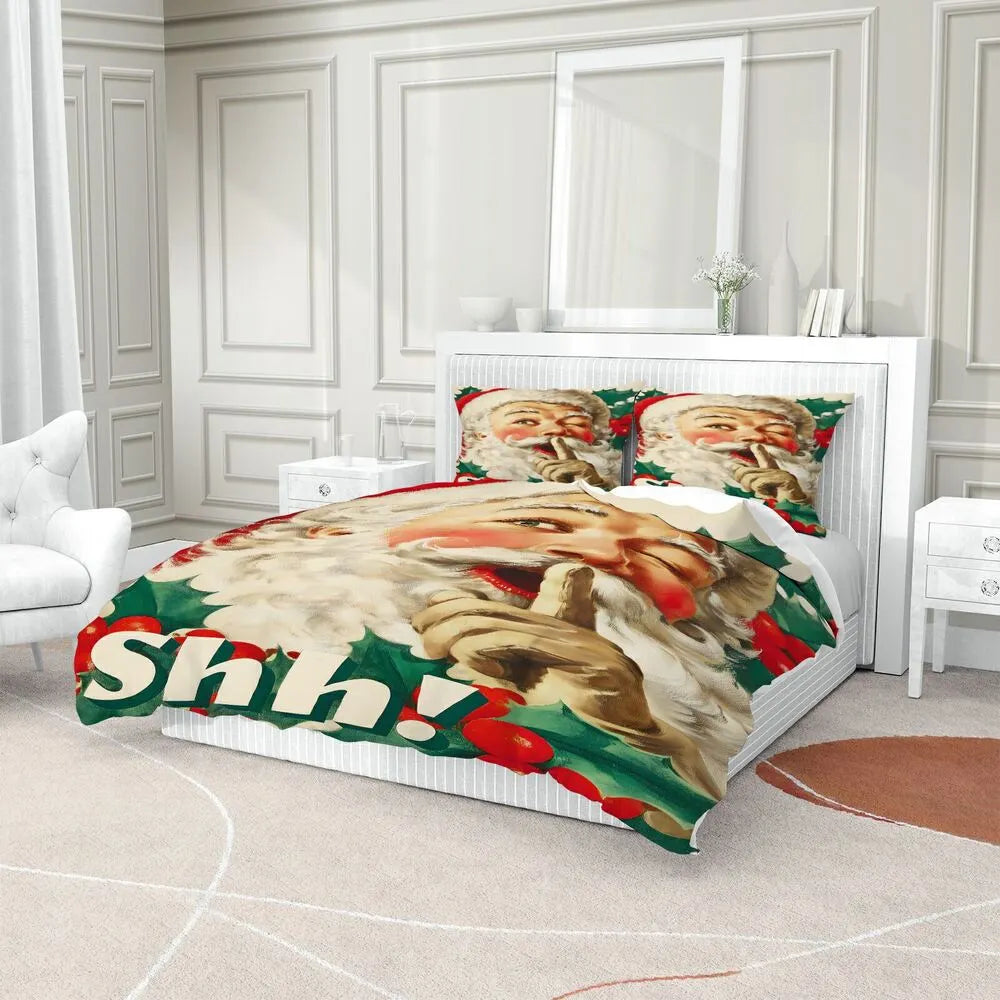 Christmas Vintage Santa Shh Holly Green Christmas Gift Duvet Cover Set Kids Bedding Set