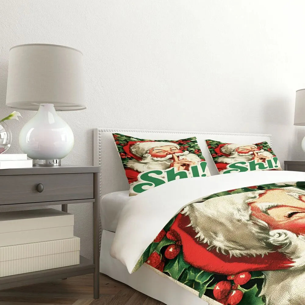 Christmas Vintage Santa Shh Holly Green Christmas Gift Duvet Cover Set Kids Bedding Set