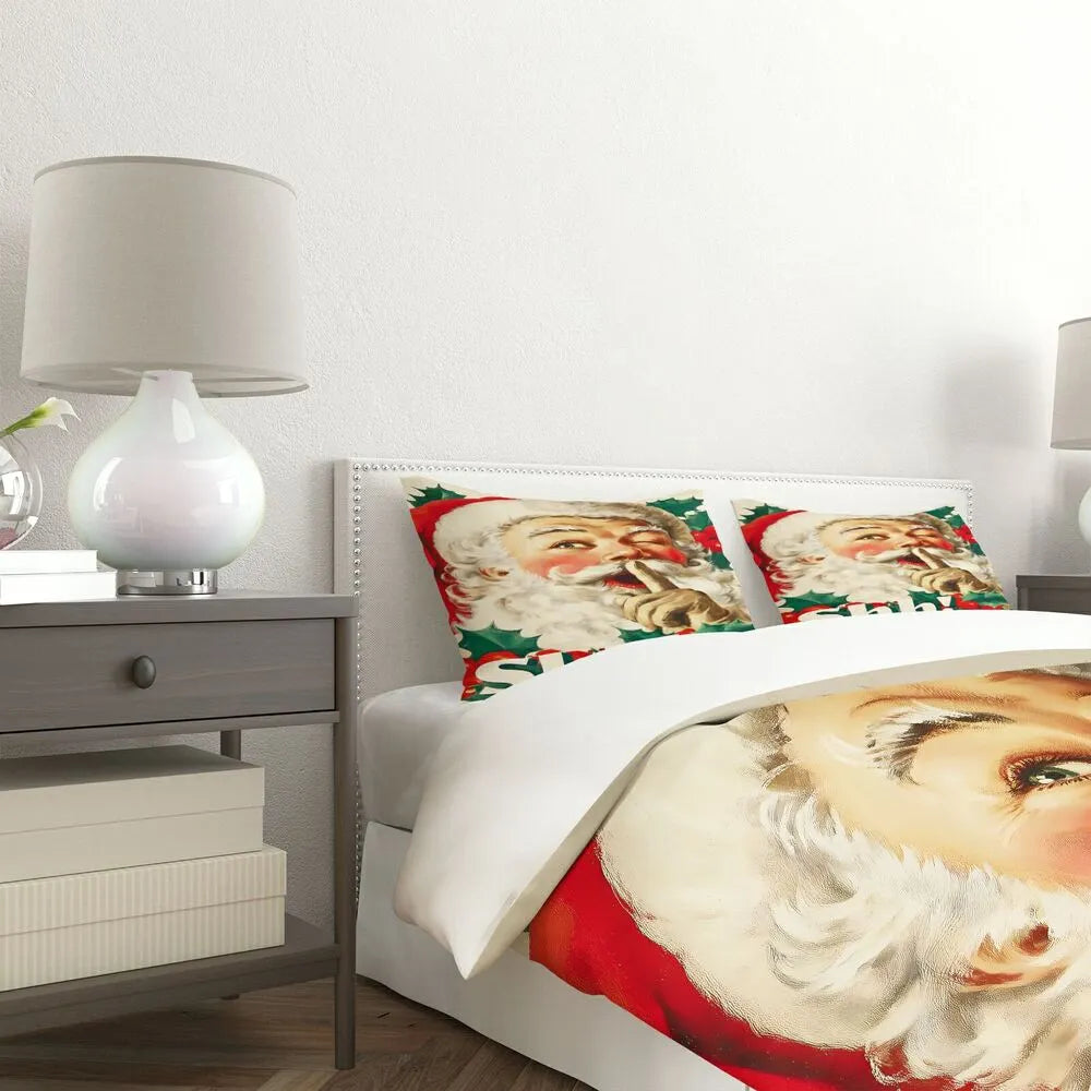 Christmas Vintage Santa Shh Holly Green Christmas Gift Duvet Cover Set Kids Bedding Set