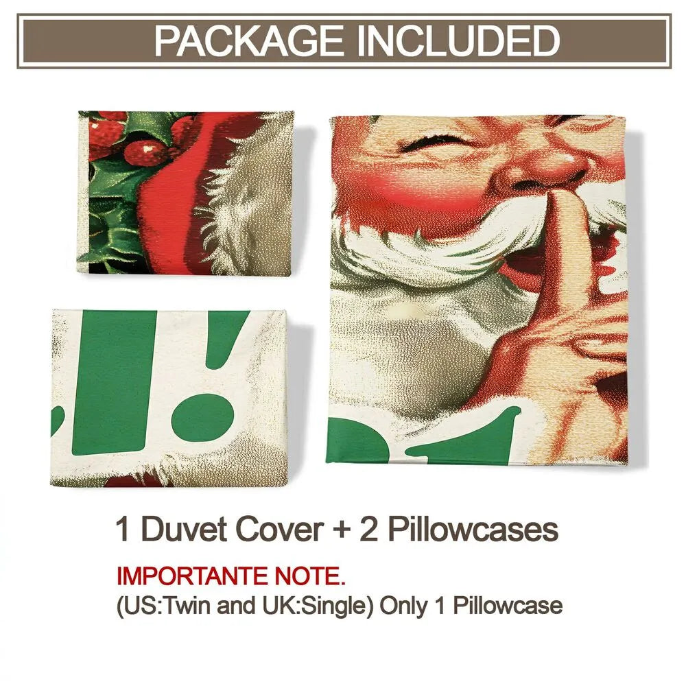 Christmas Vintage Santa Shh Holly Green Christmas Gift Duvet Cover Set Kids Bedding Set