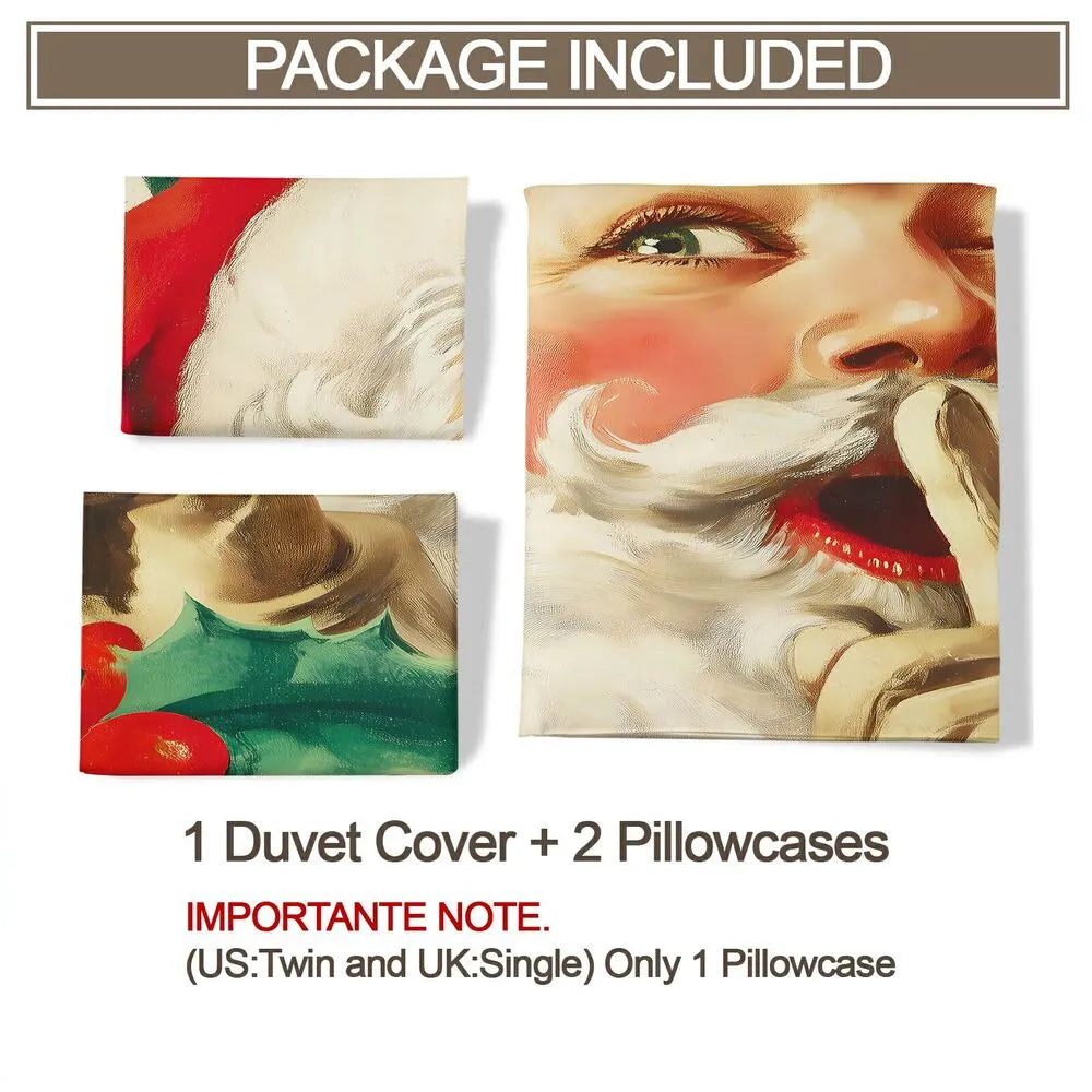 Christmas Vintage Santa Shh Holly Green Christmas Gift Duvet Cover Set Kids Bedding Set