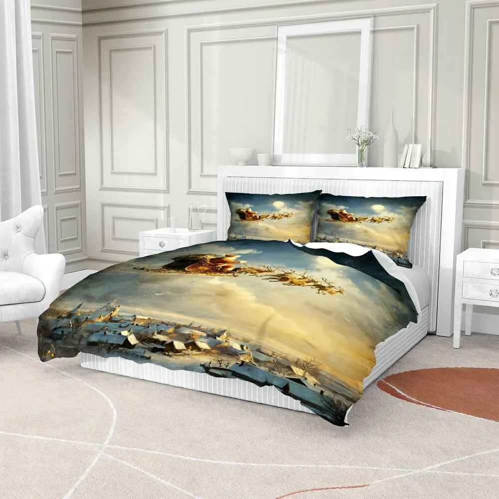 Christmas Vintage Santa Sleigh Reindeer Night Sky Christmas Gift Duvet Cover Set Kids Bedding Set