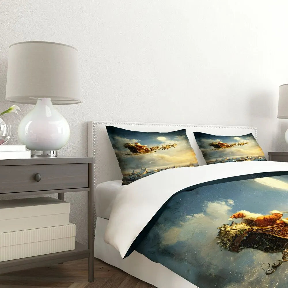 Christmas Vintage Santa Sleigh Reindeer Night Sky Christmas Gift Duvet Cover Set Kids Bedding Set