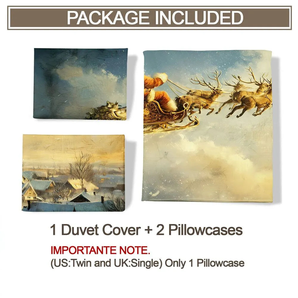 Christmas Vintage Santa Sleigh Reindeer Night Sky Christmas Gift Duvet Cover Set Kids Bedding Set