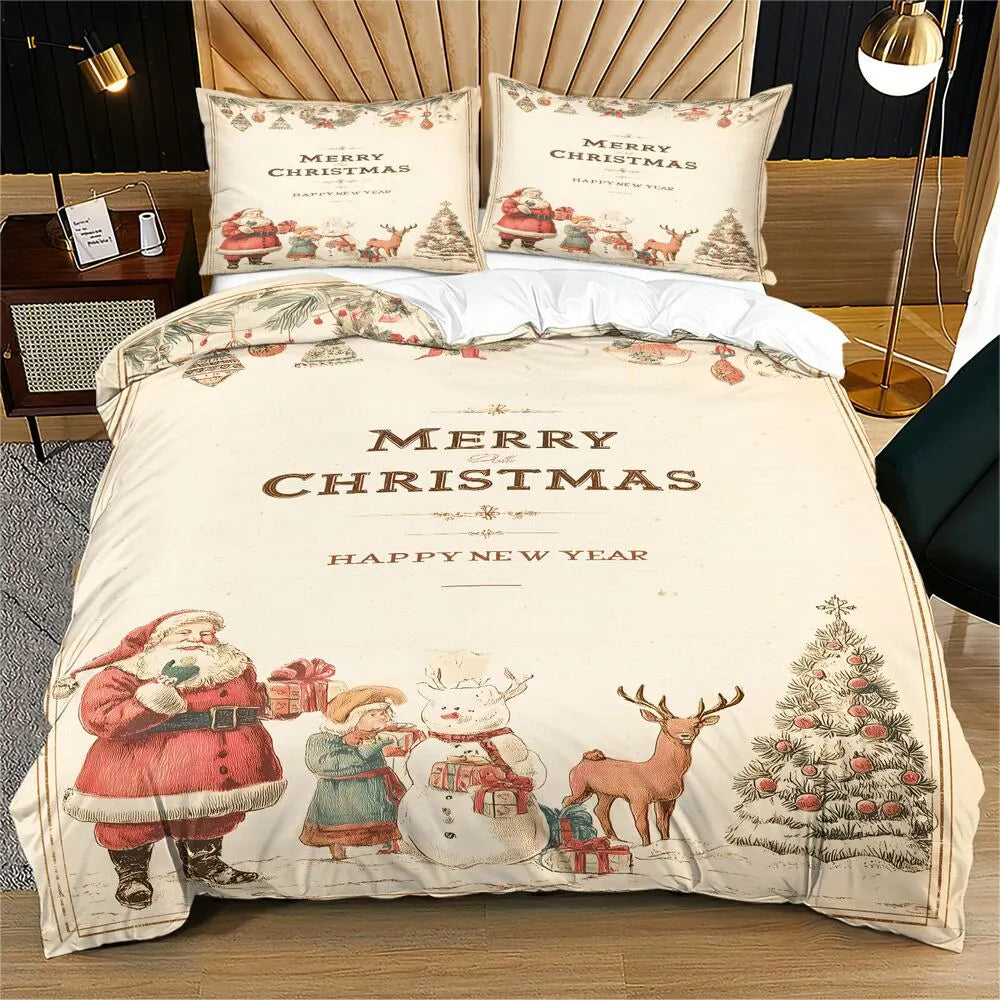 Christmas Vintage Santa Snowman Reindeer Beige Christmas Gift Duvet Cover Set Kids Bedding Set