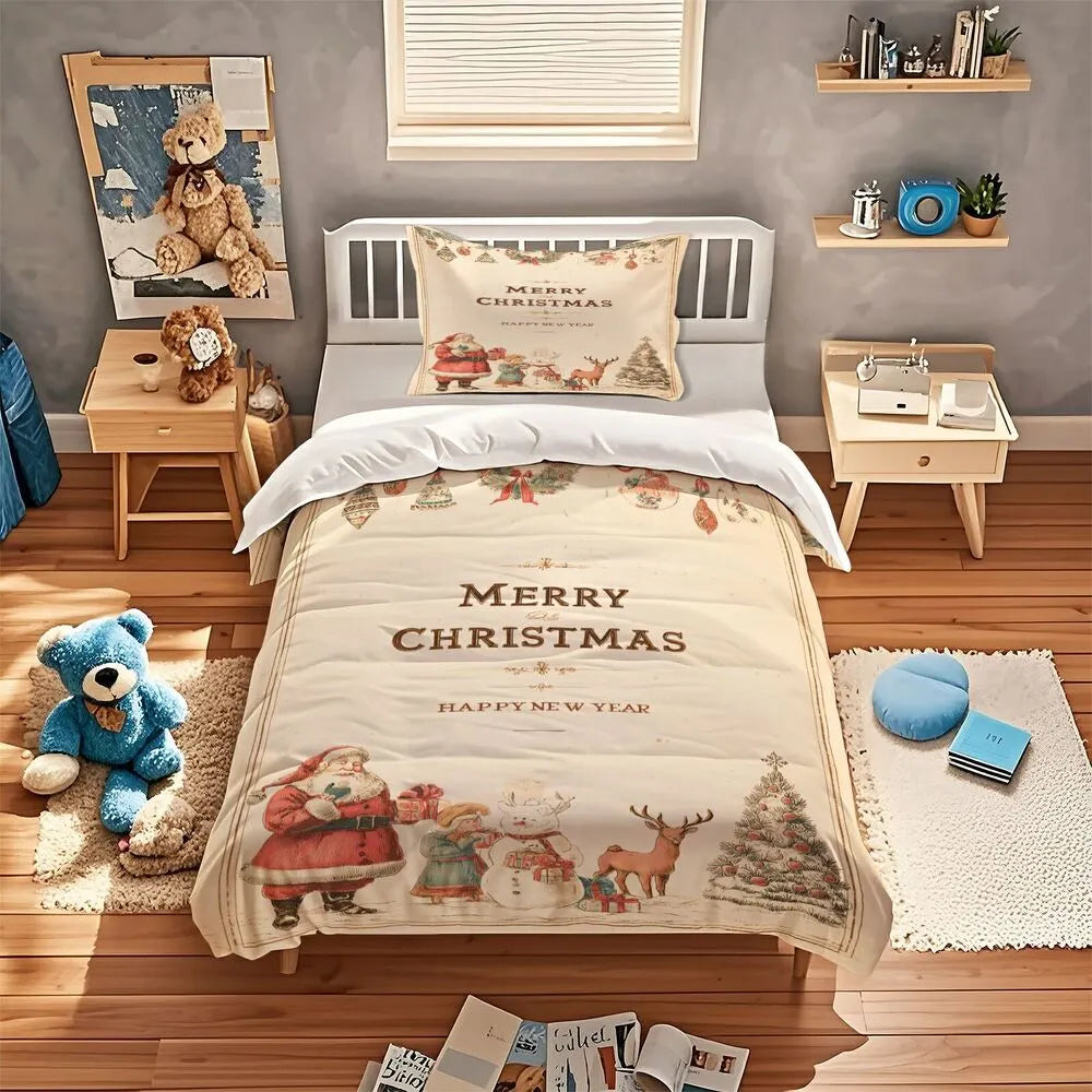 Christmas Vintage Santa Snowman Reindeer Beige Christmas Gift Duvet Cover Set Kids Bedding Set