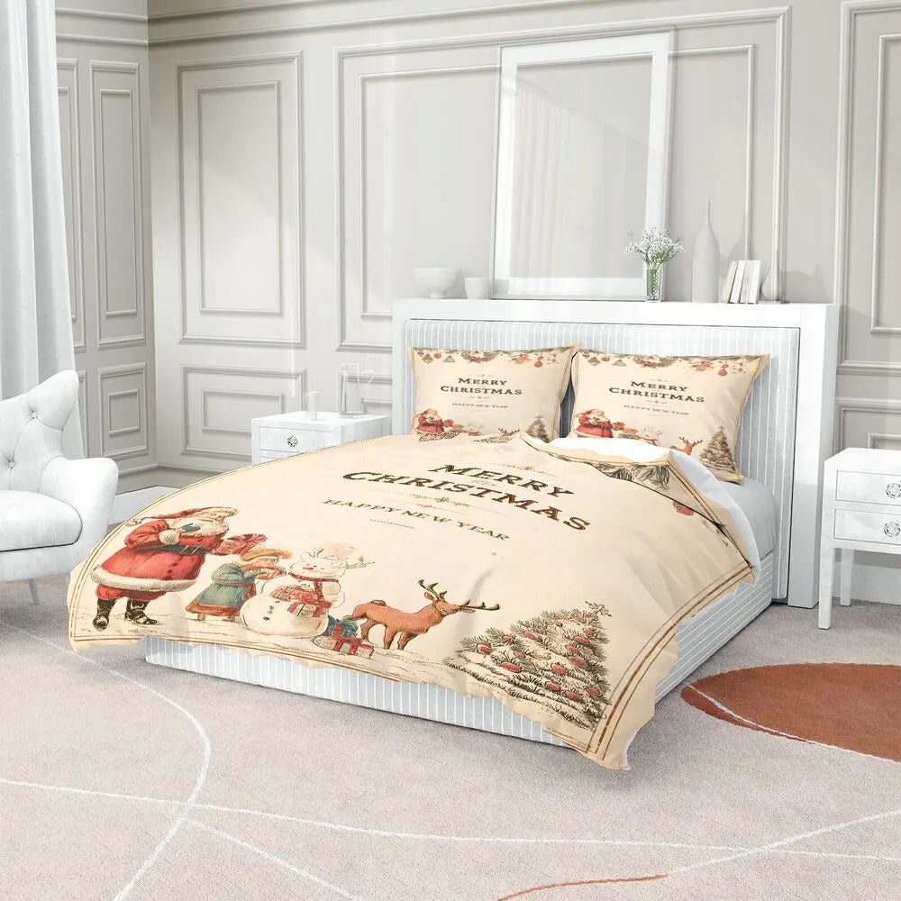 Christmas Vintage Santa Snowman Reindeer Beige Christmas Gift Duvet Cover Set Kids Bedding Set