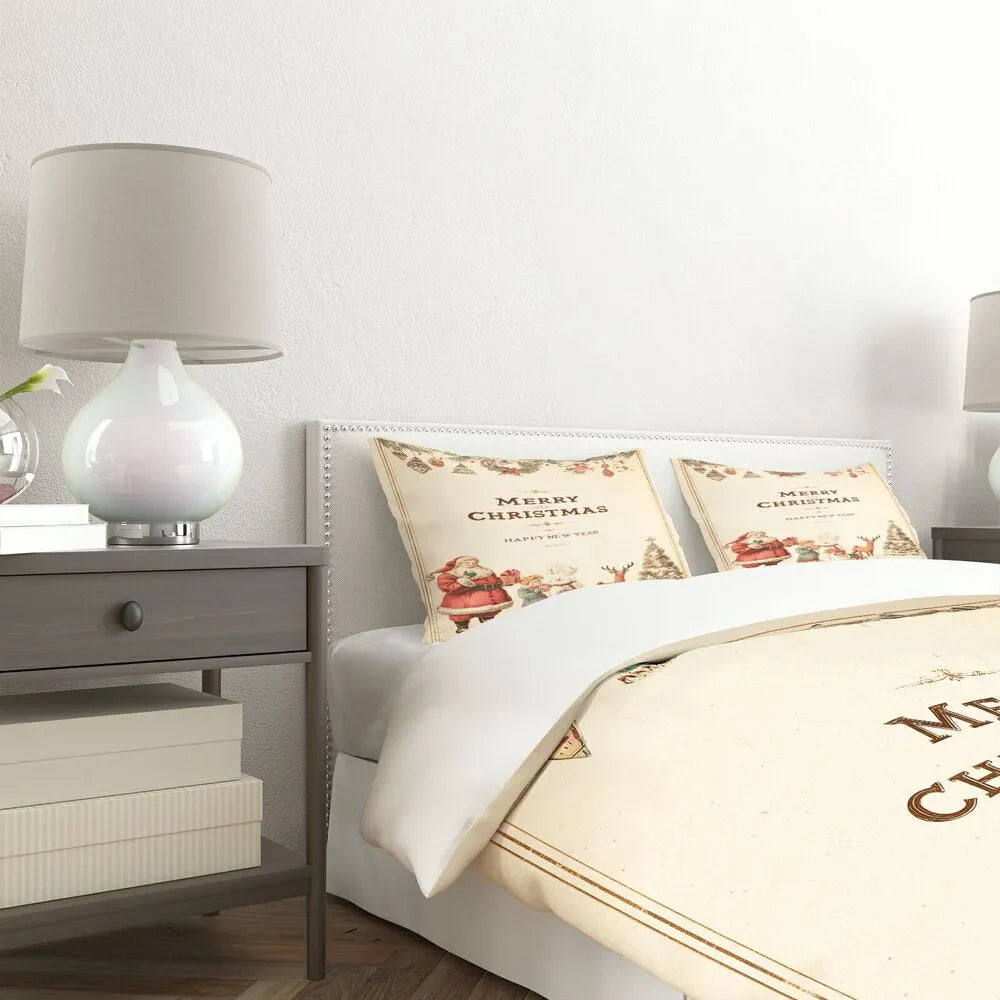 Christmas Vintage Santa Snowman Reindeer Beige Christmas Gift Duvet Cover Set Kids Bedding Set