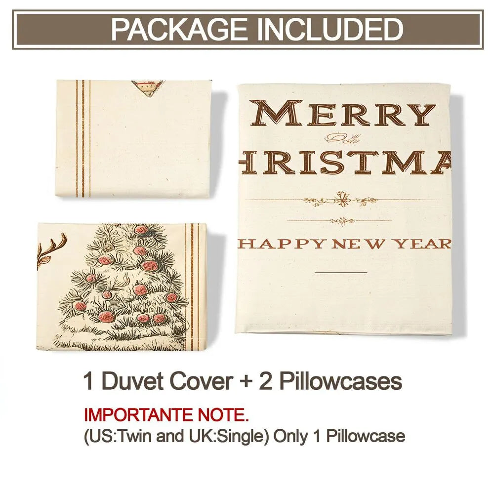 Christmas Vintage Santa Snowman Reindeer Beige Christmas Gift Duvet Cover Set Kids Bedding Set