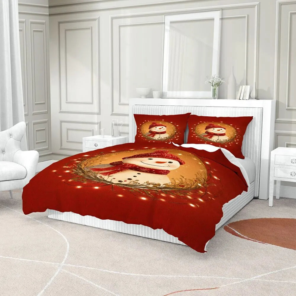 Christmas Vintage Snowman Wreath Red Christmas Gift Duvet Cover Set Kids Bedding Set