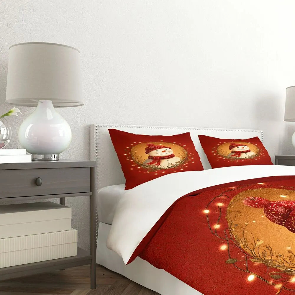 Christmas Vintage Snowman Wreath Red Christmas Gift Duvet Cover Set Kids Bedding Set