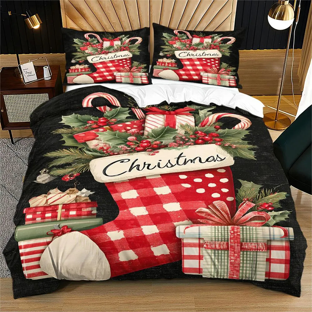 Christmas Vintage Stocking Gifts Holly Black Christmas Gift Duvet Cover Set Kids Bedding Set