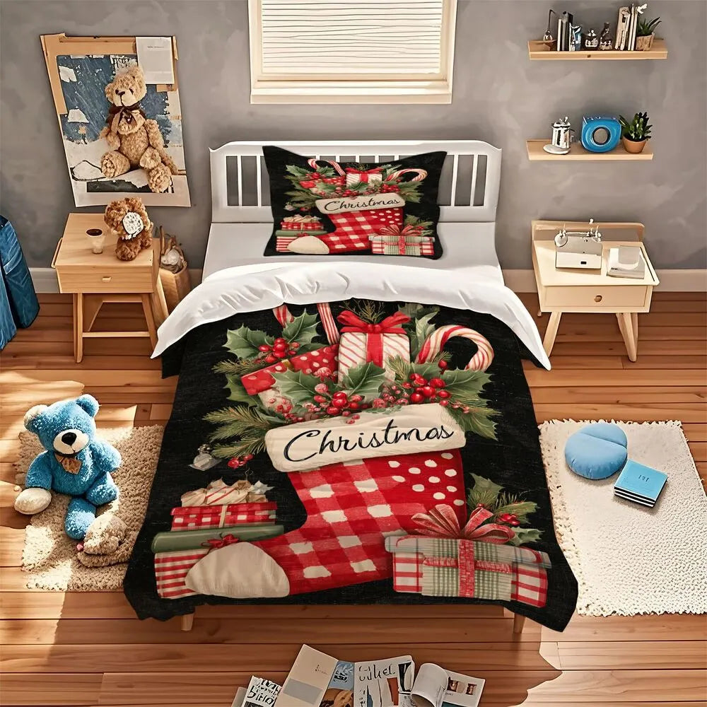 Christmas Vintage Stocking Gifts Holly Black Christmas Gift Duvet Cover Set Kids Bedding Set