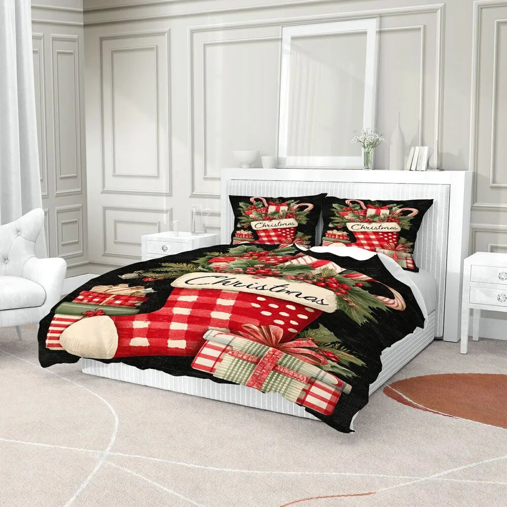 Christmas Vintage Stocking Gifts Holly Black Christmas Gift Duvet Cover Set Kids Bedding Set