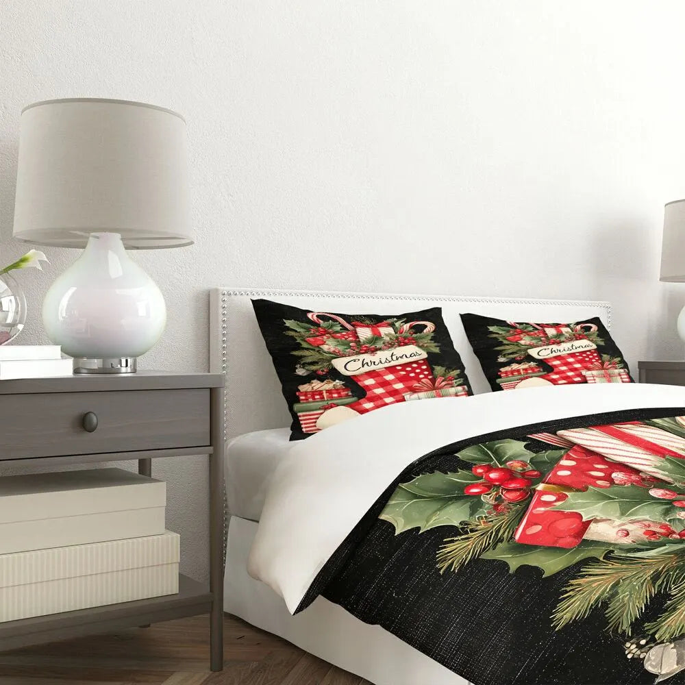 Christmas Vintage Stocking Gifts Holly Black Christmas Gift Duvet Cover Set Kids Bedding Set