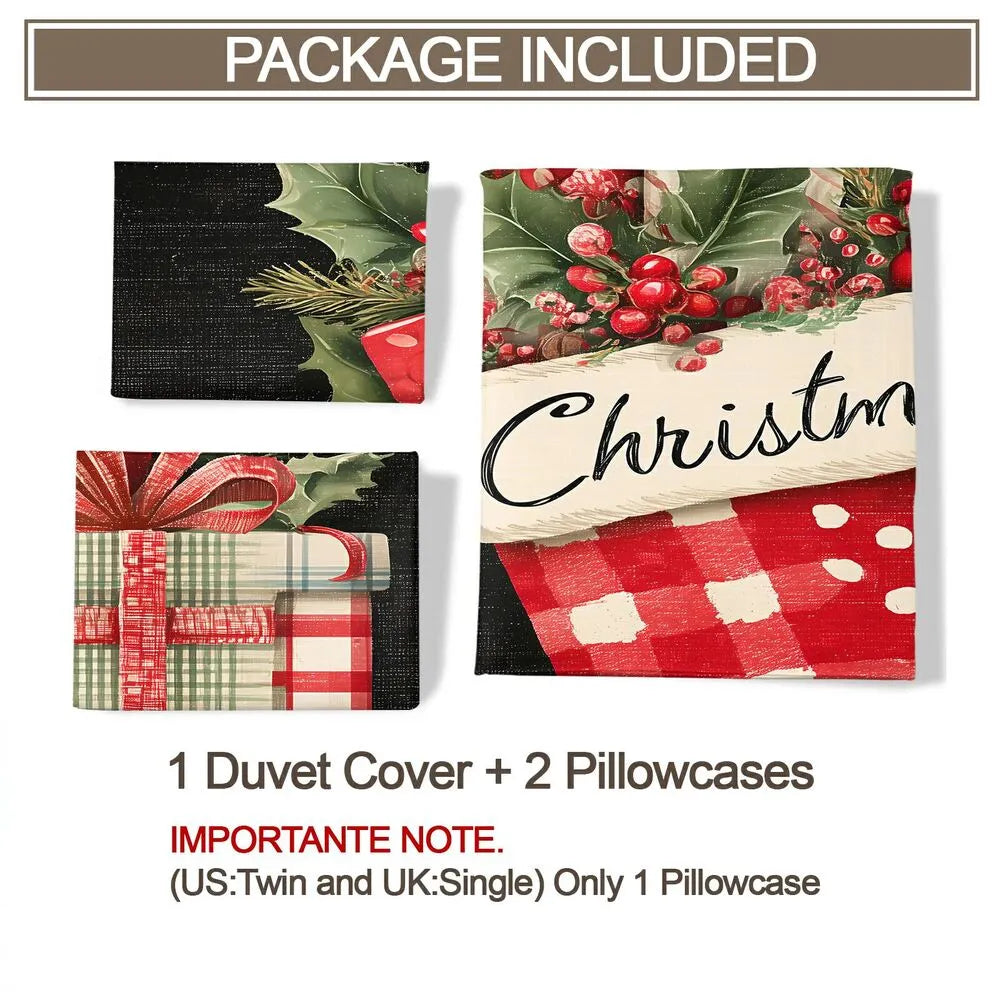 Christmas Vintage Stocking Gifts Holly Black Christmas Gift Duvet Cover Set Kids Bedding Set