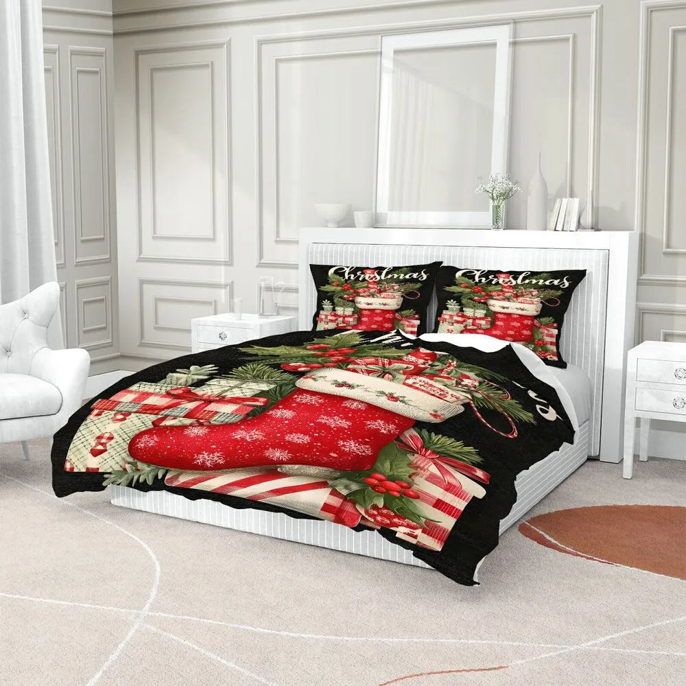 Christmas Vintage Stocking Holly Gifts Black Christmas Gift Duvet Cover Set Kids Bedding Set