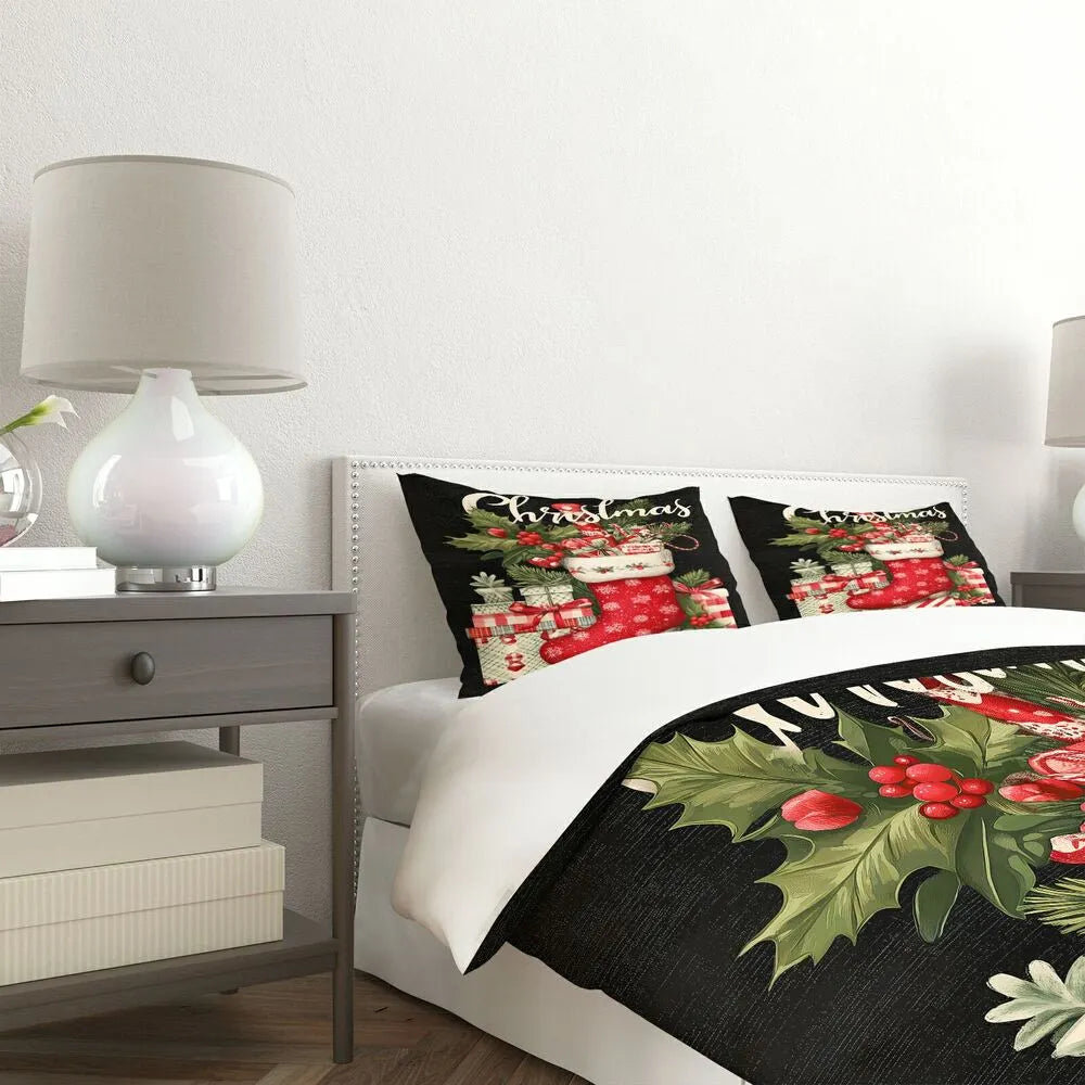 Christmas Vintage Stocking Holly Gifts Black Christmas Gift Duvet Cover Set Kids Bedding Set