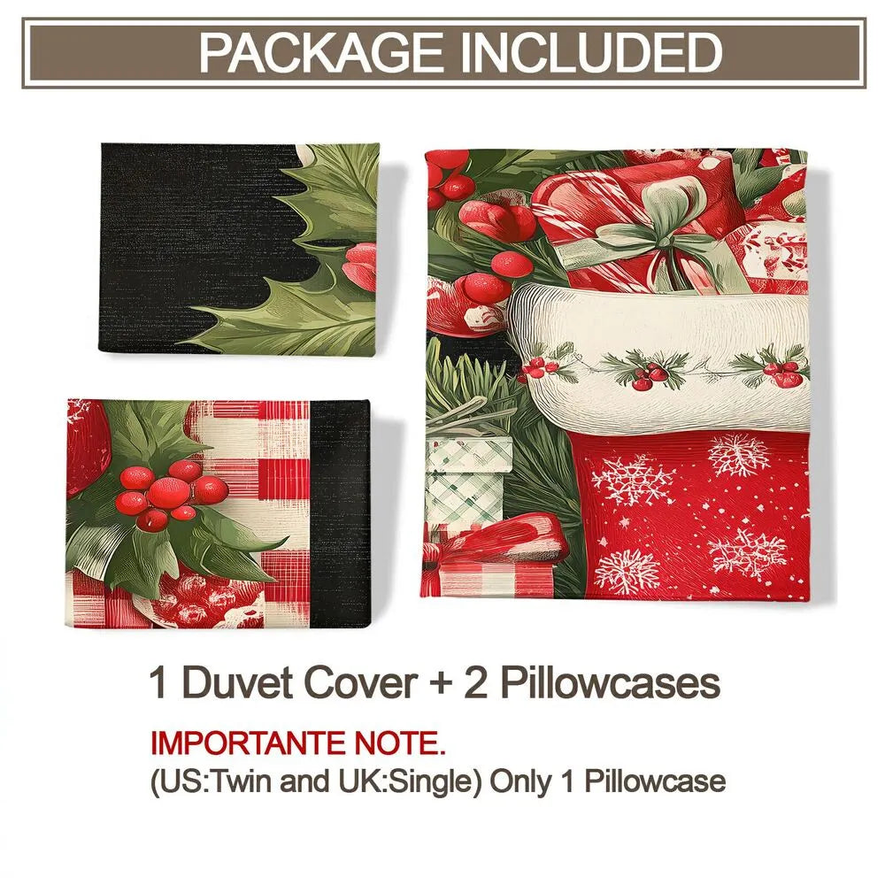Christmas Vintage Stocking Holly Gifts Black Christmas Gift Duvet Cover Set Kids Bedding Set
