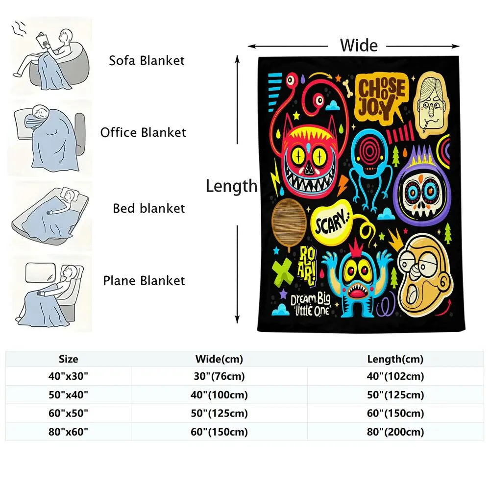 Colorful Cartoon Monsters Dream Big Little One Pattern Multipurpose Throw Blanket