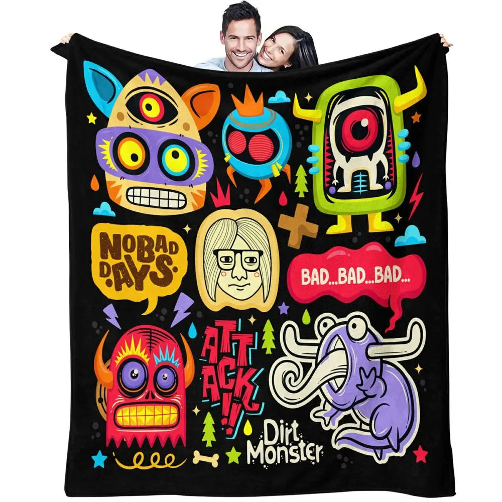 Colorful Cartoon Monsters No Bad Days Pattern Multipurpose Throw Blanket