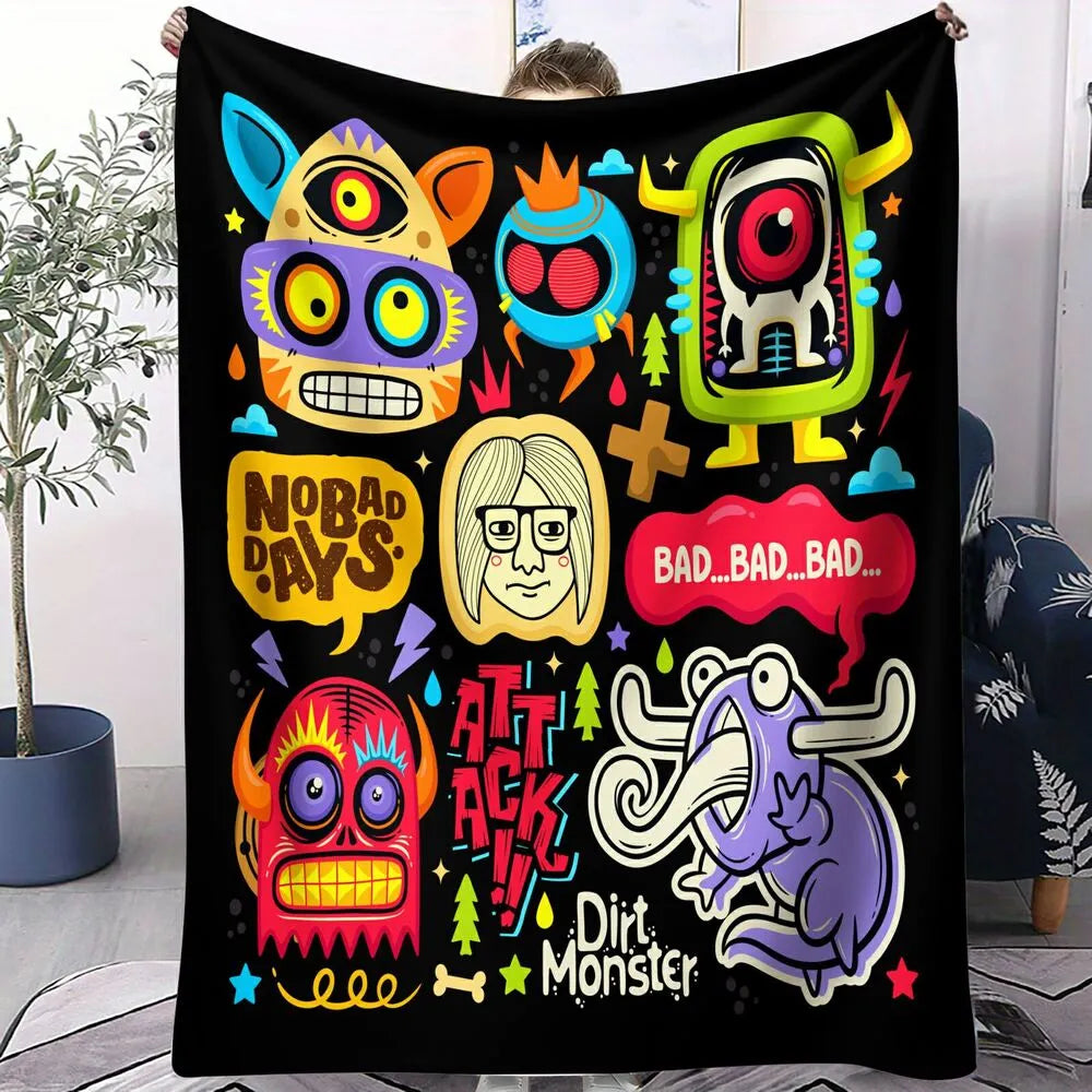Colorful Cartoon Monsters No Bad Days Pattern Multipurpose Throw Blanket