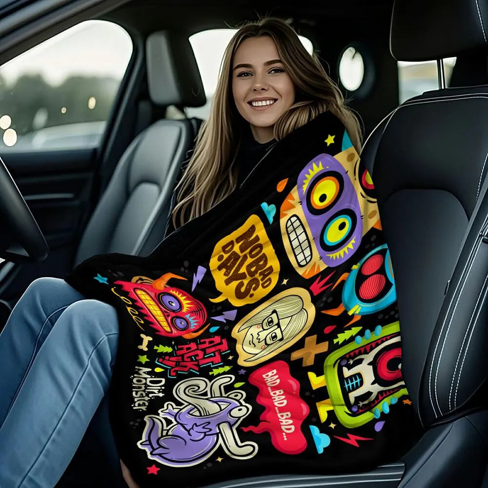 Colorful Cartoon Monsters No Bad Days Pattern Multipurpose Throw Blanket