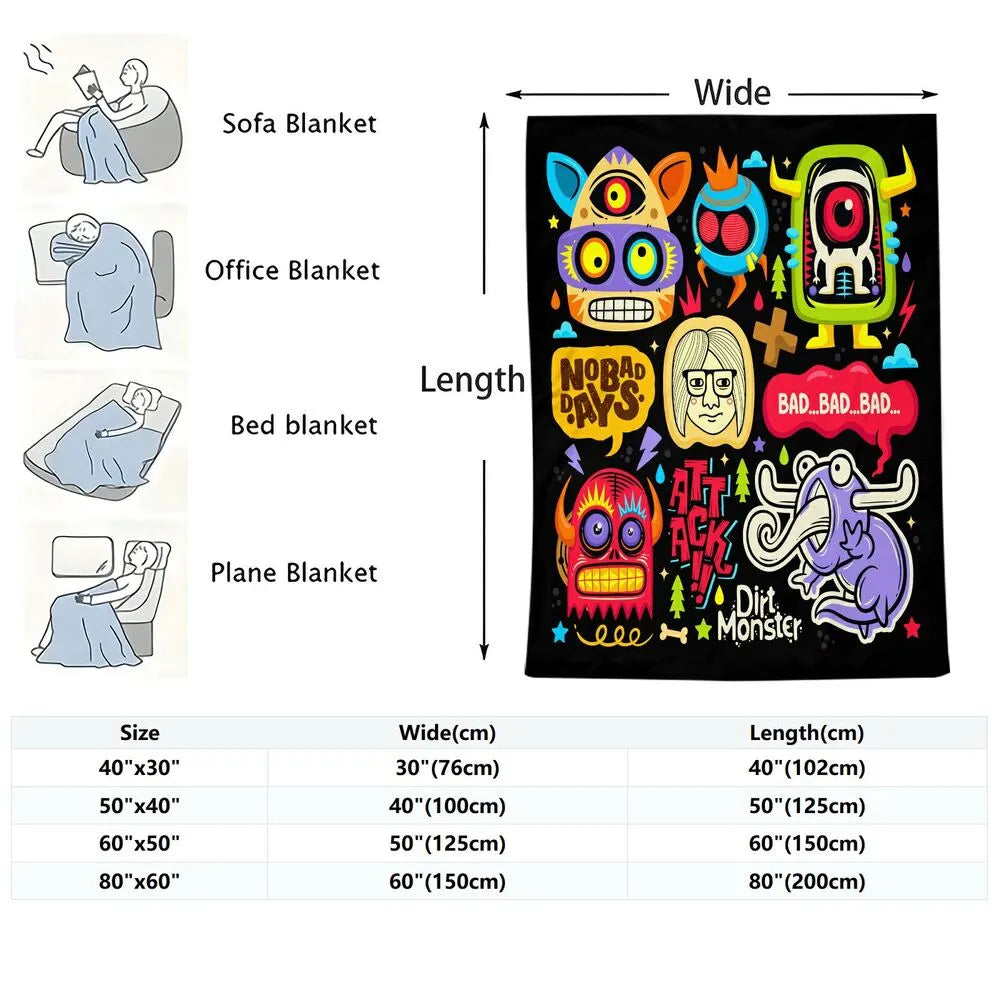 Colorful Cartoon Monsters No Bad Days Pattern Multipurpose Throw Blanket