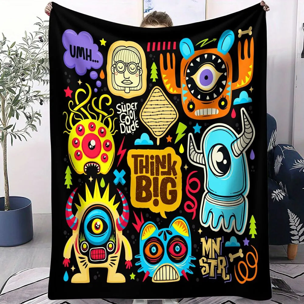 Colorful Cartoon Monsters Think Big Pattern Multipurpose Throw Blanket