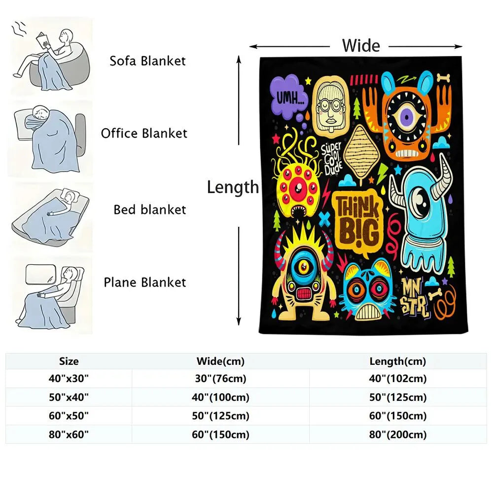 Colorful Cartoon Monsters Think Big Pattern Multipurpose Throw Blanket
