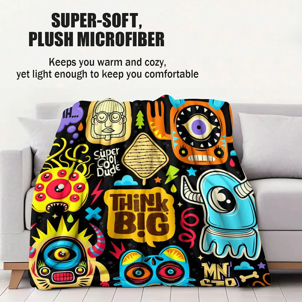 Colorful Cartoon Monsters Think Big Pattern Multipurpose Throw Blanket