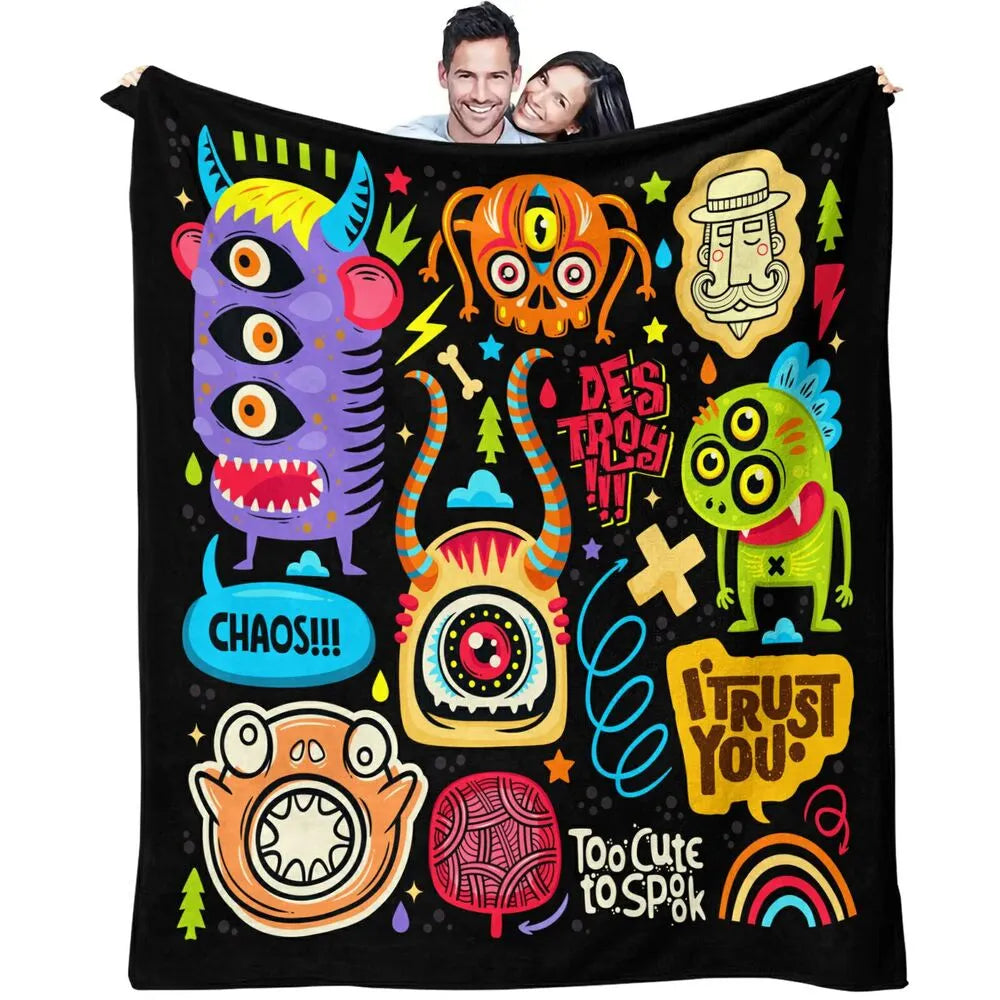 Colorful Cartoon Monsters Too Cute to Spook Pattern Multipurpose Throw Blanket