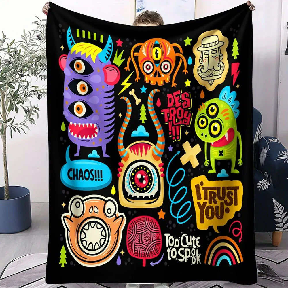 Colorful Cartoon Monsters Too Cute to Spook Pattern Multipurpose Throw Blanket