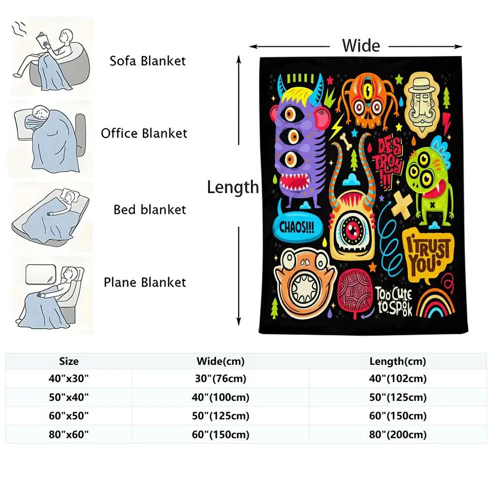 Colorful Cartoon Monsters Too Cute to Spook Pattern Multipurpose Throw Blanket