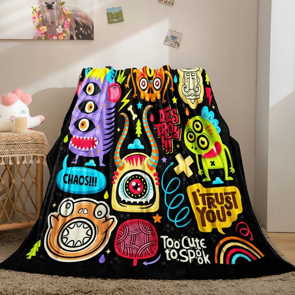 Colorful Cartoon Monsters Too Cute to Spook Pattern Multipurpose Throw Blanket